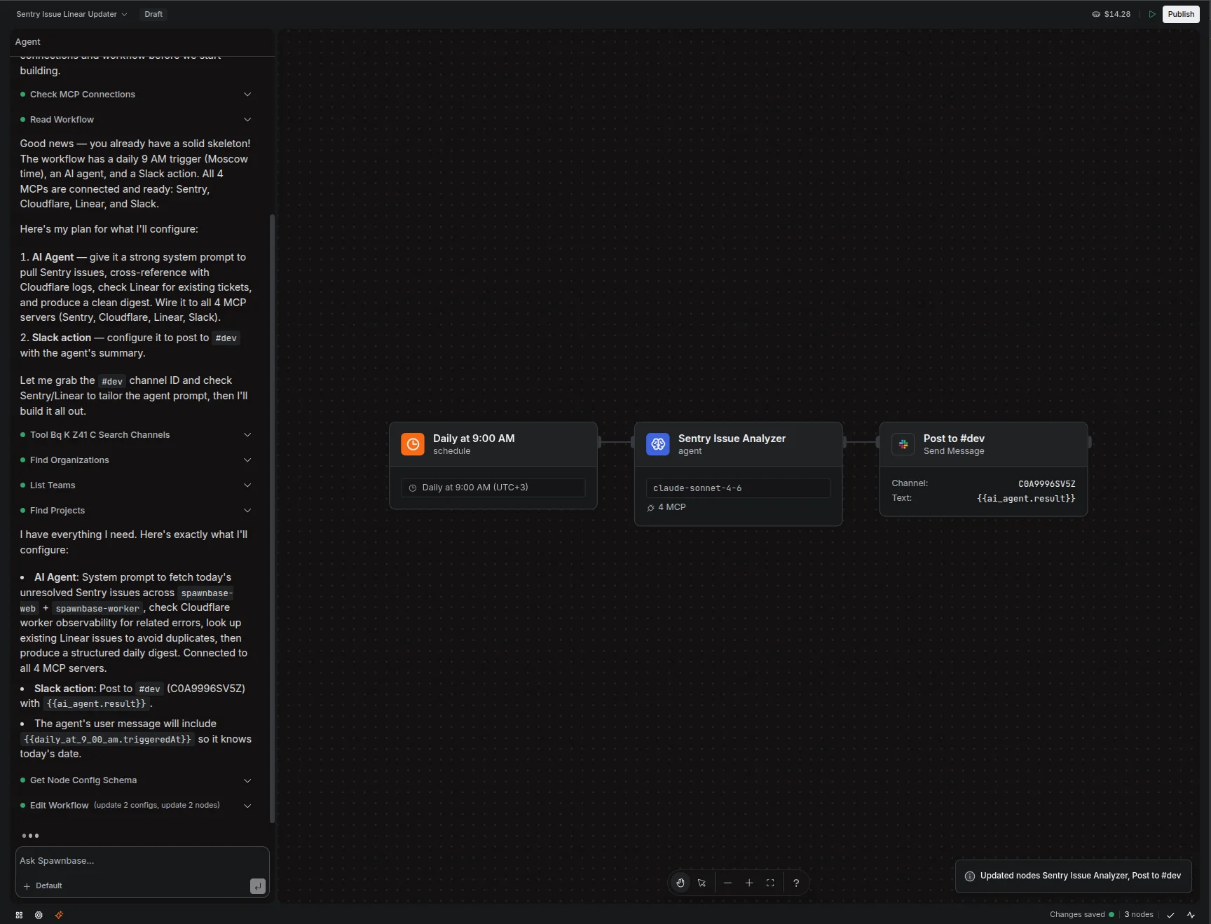 The copilot builds the Sentry triage workflow on a visual canvas